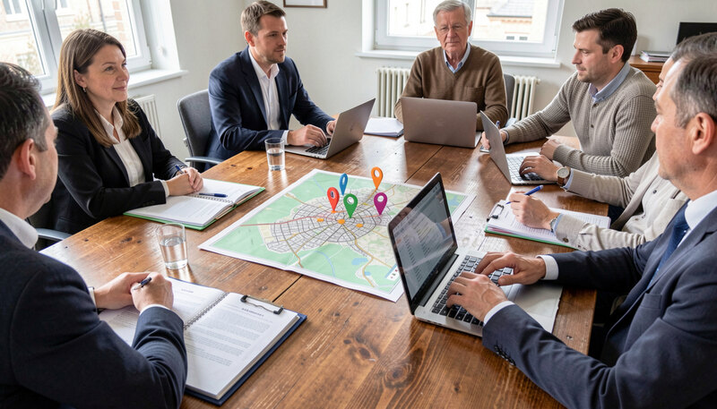 A loan committee meeting around a wooden table with folders, a laptop and a map of a city district marked with project pins.