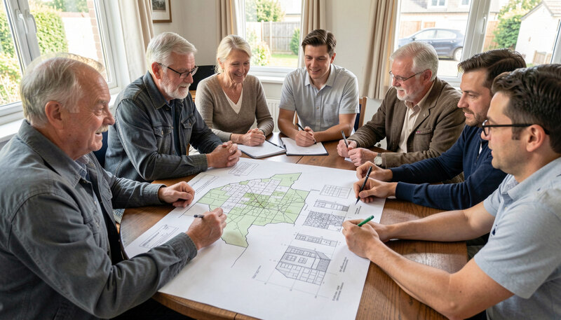 Neighbors and planners gathered around a table with a printed district map and building sketches during a community meeting.