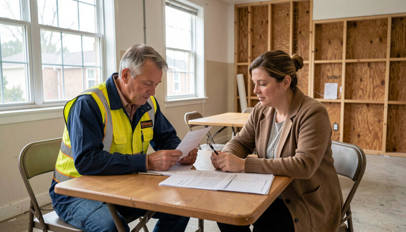 A contractor and a nonprofit director reviewing a cost sheet at a folding table inside a half-renovated community building.