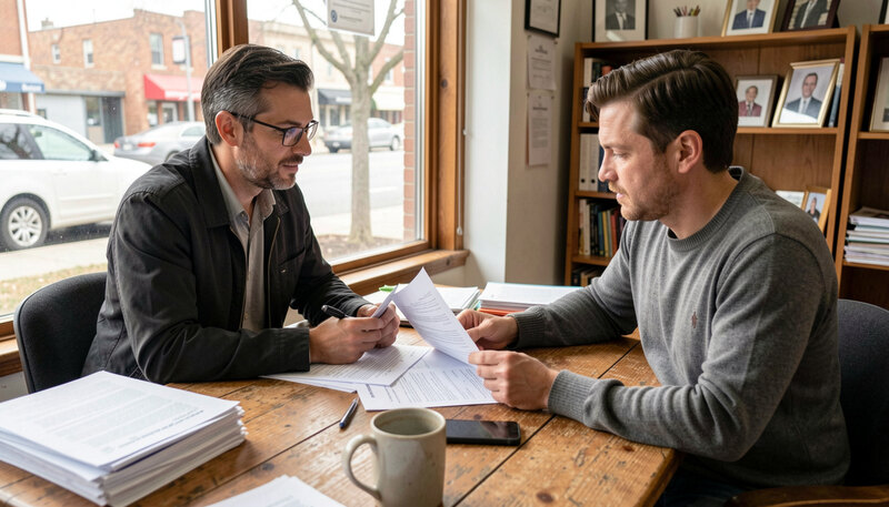A community lender and a small business owner reviewing loan paperwork at a desk inside a modest storefront office.