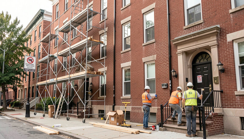 Construction workers renovating a brick apartment block in a Washington DC neighborhood, scaffolding and a permit sign visible.