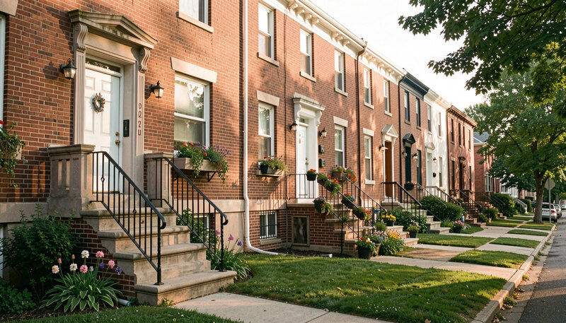A row of modest brick apartment buildings with tidy stoops and flower boxes on a quiet residential street in late afternoon light.