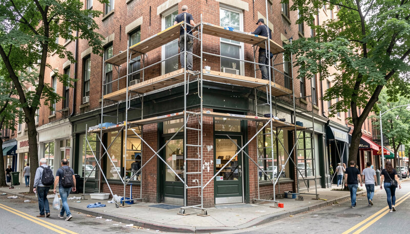 Scaffolding on the facade of a brick corner store while workers repaint, pedestrians passing on a tree-lined city street.