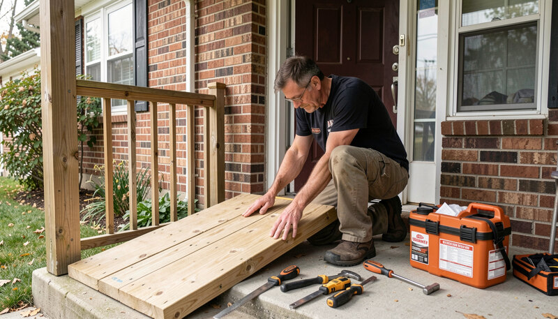 A carpenter installing a wooden access ramp at the entrance of a modest veteran's home, tools laid out on the porch.