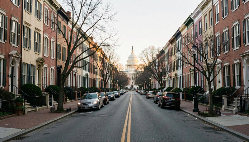 A Washington DC street of brick rowhouses with a distant view of the Capitol dome under a pale evening sky.