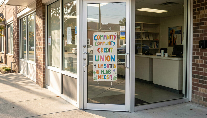 The glass entrance of a small community credit union with a hand-painted sign, morning light on the sidewalk outside.