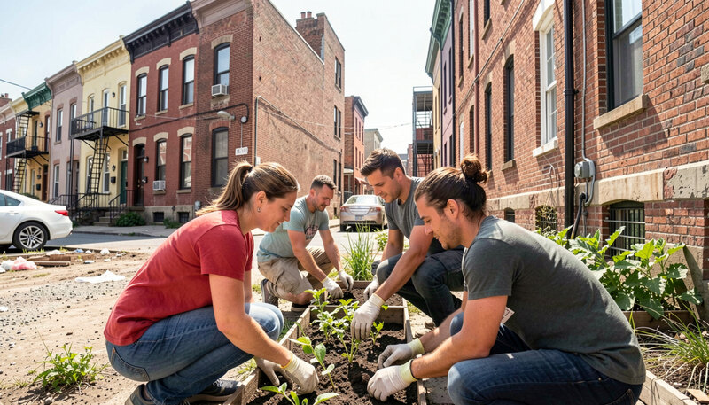 A volunteers and residents planting a small garden on a reclaimed city lot between brick rowhouses on a bright morning.